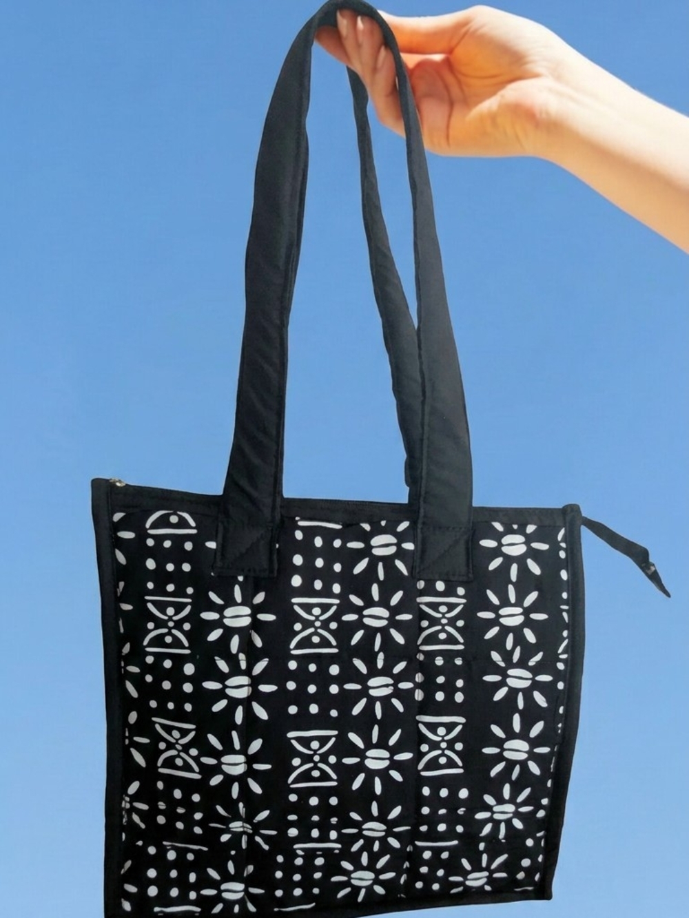 Handcrafted Kenyan African Print Padded Tote Bag Black White Zip  Bag